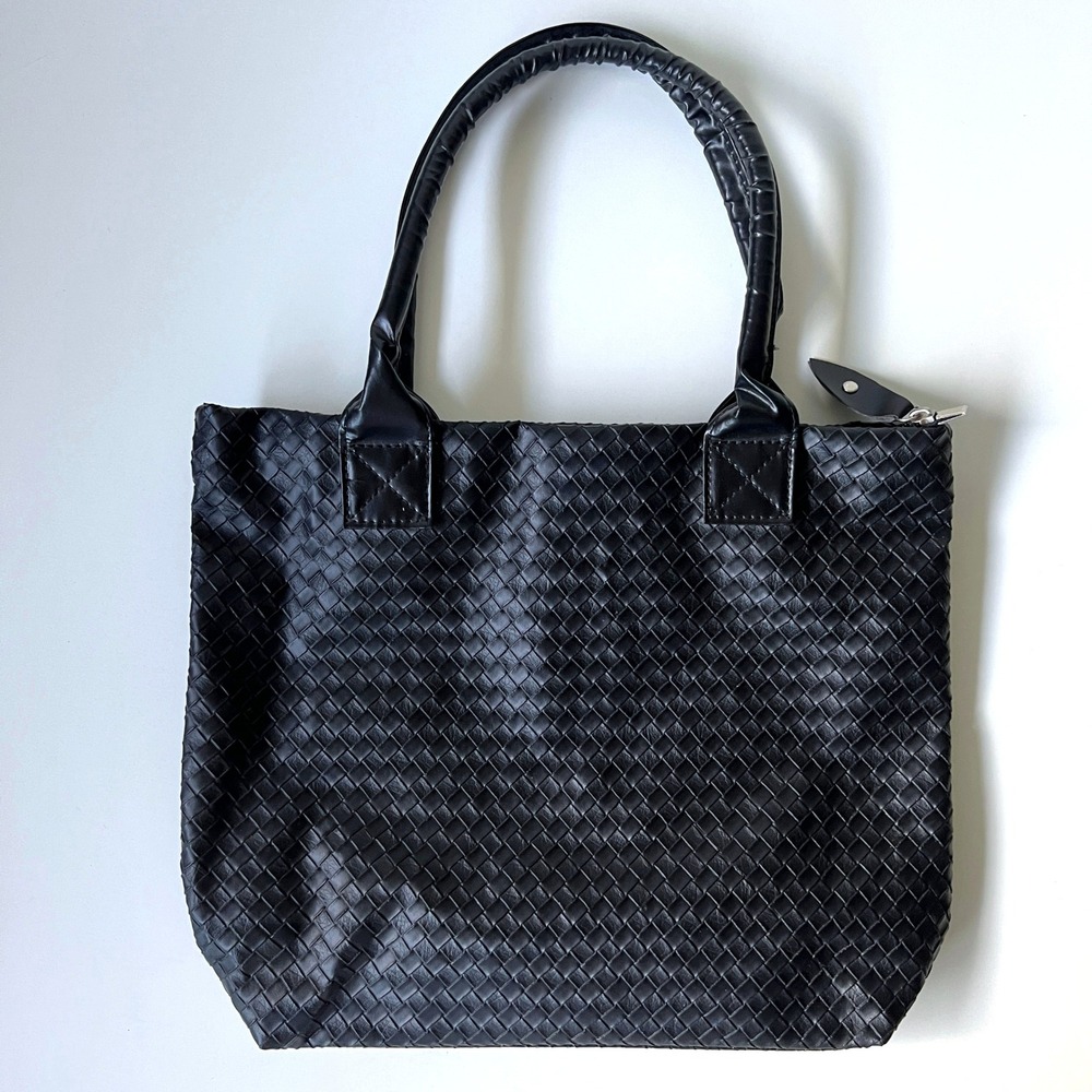 Black Woven Faux Leather Tote Bag Intrecciato Style Shoulder Purse Zip Top